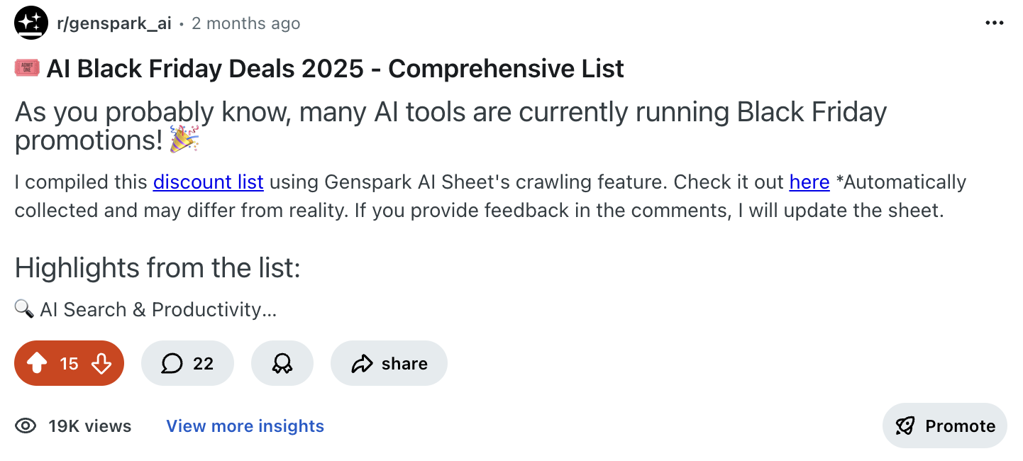 Reddit Black Friday Post
